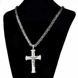 Jesus Crucifix Cross Necklace For Men Silver Color Stainless Steel Byzanine